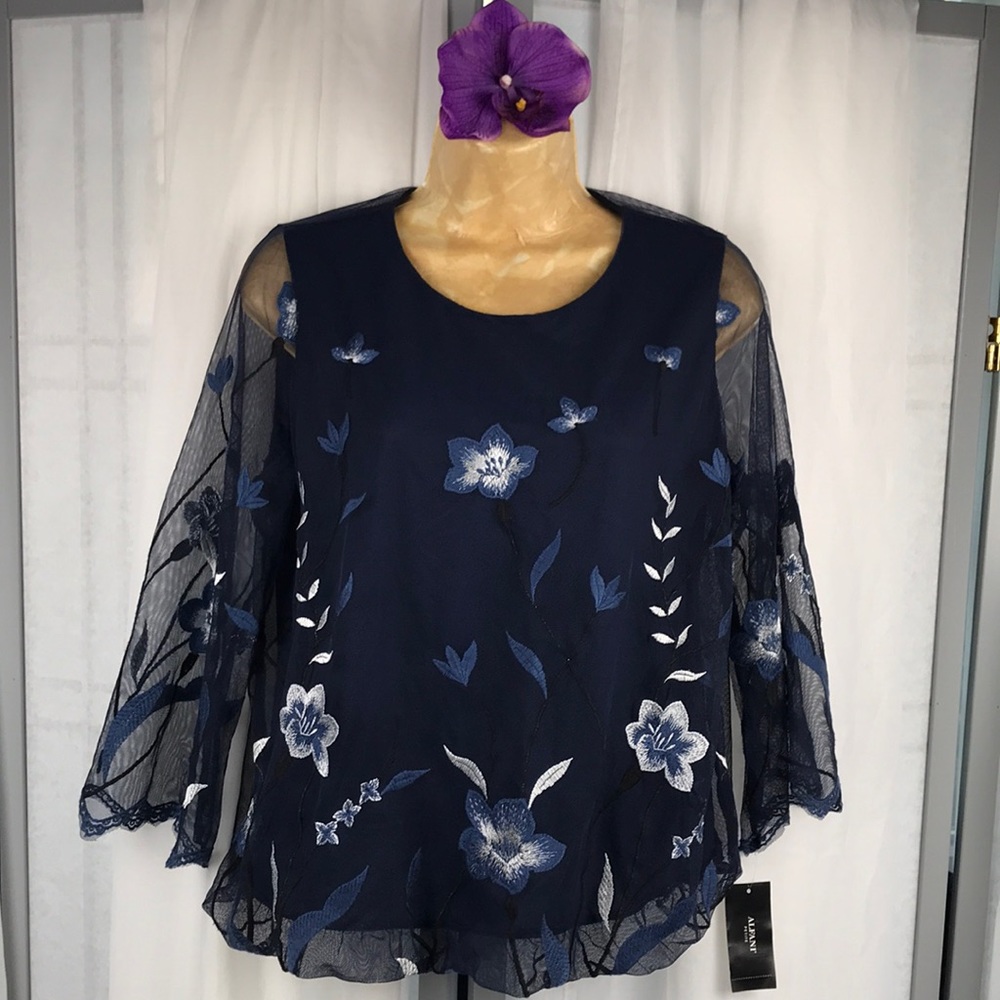 Alfani | NEW Blue Embroidered Mesh Long Sleeve Pullover Top | Sz: Petite Med.